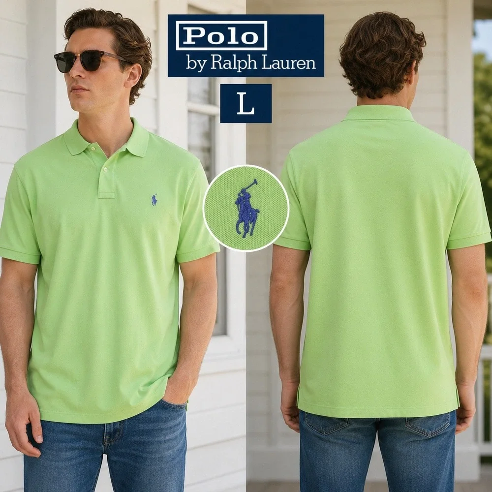 Polo Ralph Lauren Mens Large Lime Green Short Sleeve Pique Cotton Polo Shirt